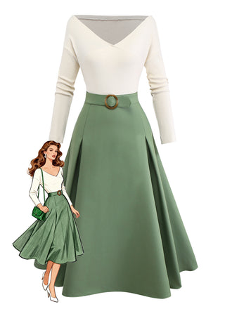 Beige & Green 1950s Knit Off-Shoulder Pleated Dress - vintage dress, retro fashion, rockabilly
