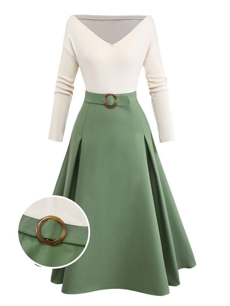 Beige & Green 1950s Knit Off-Shoulder Pleated Dress - vintage dress, retro fashion, rockabilly