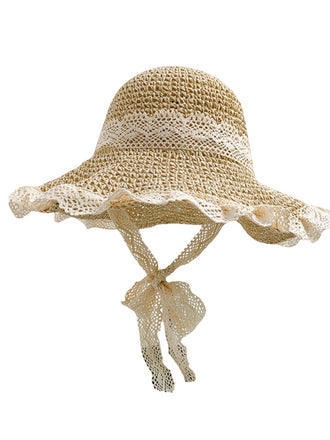 Beige Lace Woven Straw Beach Sun Hat - vintage fashion, retro style