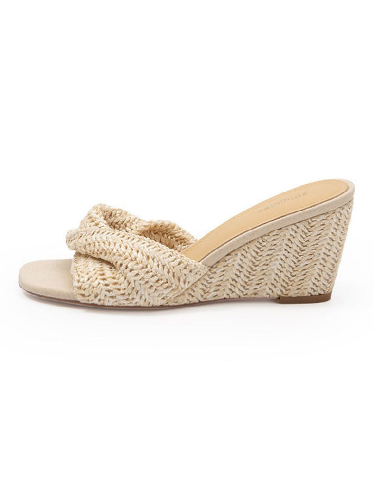 Beige Woven Flat Slide Sandals
