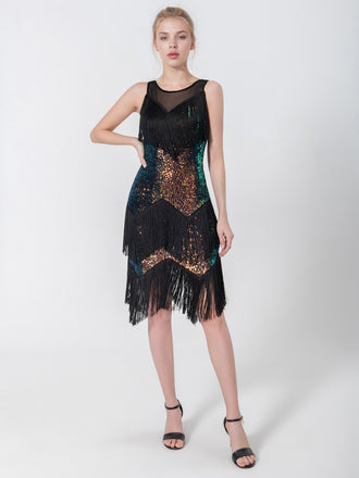 She slips into this Black 1920s Beading Sleeveless Fringed Hem Dress and suddenly it's a 1920s daydream