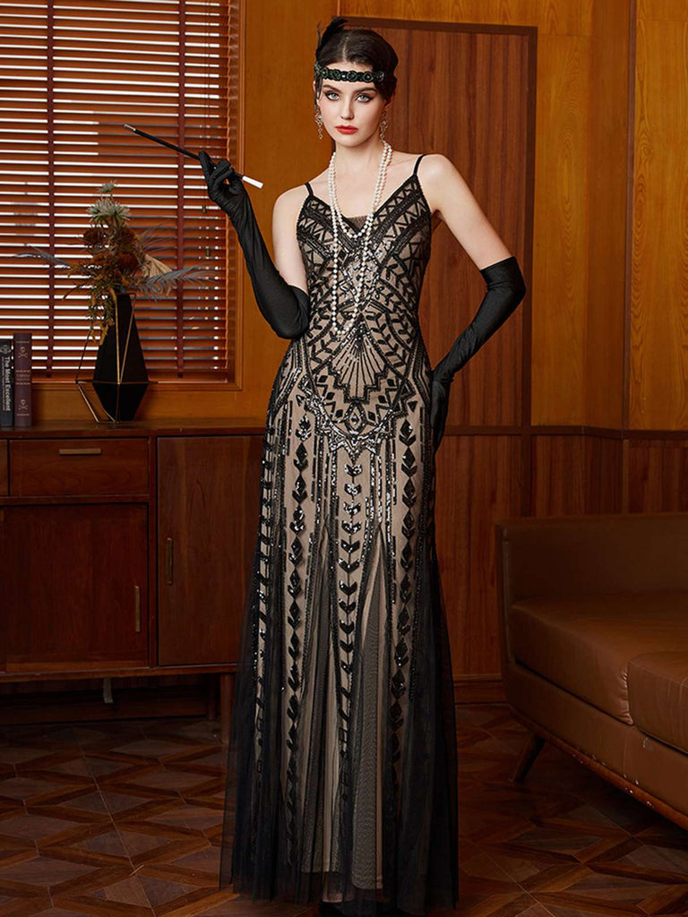 Black 1920s Gatsby Sequin Mesh Maxi Evening Dress - vintage dress, retro fashion, Gatsby party