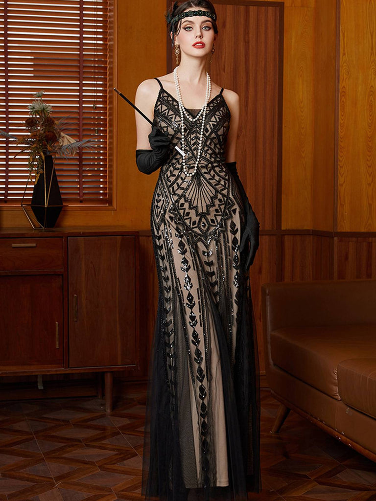 Black 1920s Gatsby Sequin Mesh Maxi Evening Dress - vintage dress, retro fashion, Gatsby party