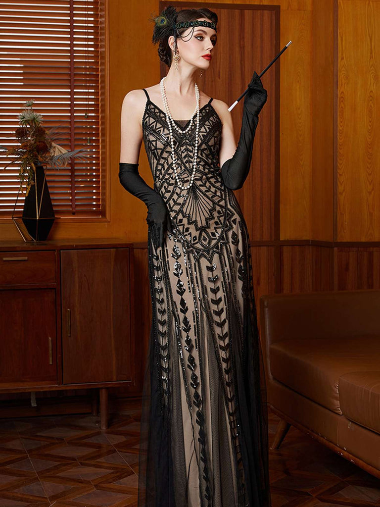 Black 1920s Gatsby Sequin Mesh Maxi Evening Dress - vintage dress, retro fashion, Gatsby party
