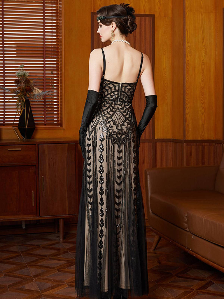 Black 1920s Gatsby Sequin Mesh Maxi Evening Dress - vintage dress, retro fashion, Gatsby party