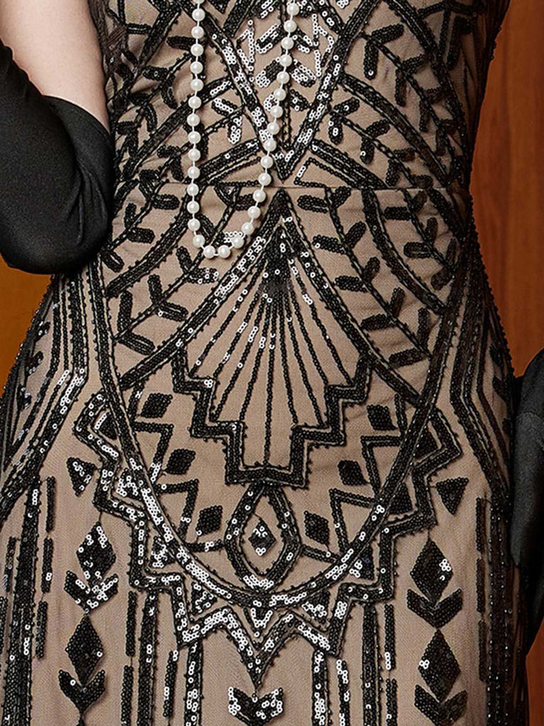 Black 1920s Gatsby Sequin Mesh Maxi Evening Dress - vintage dress, retro fashion, Gatsby party