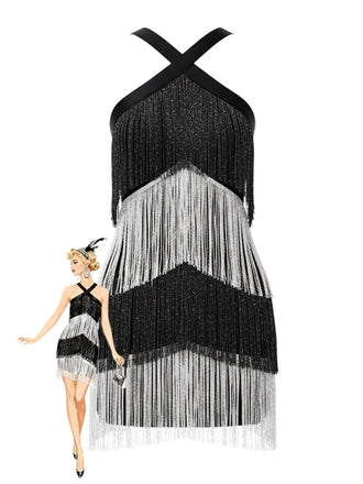 Black 1920s Strappy Fringe Sequin Cocktail Dress - vintage dress, retro fashion, Gatsby party