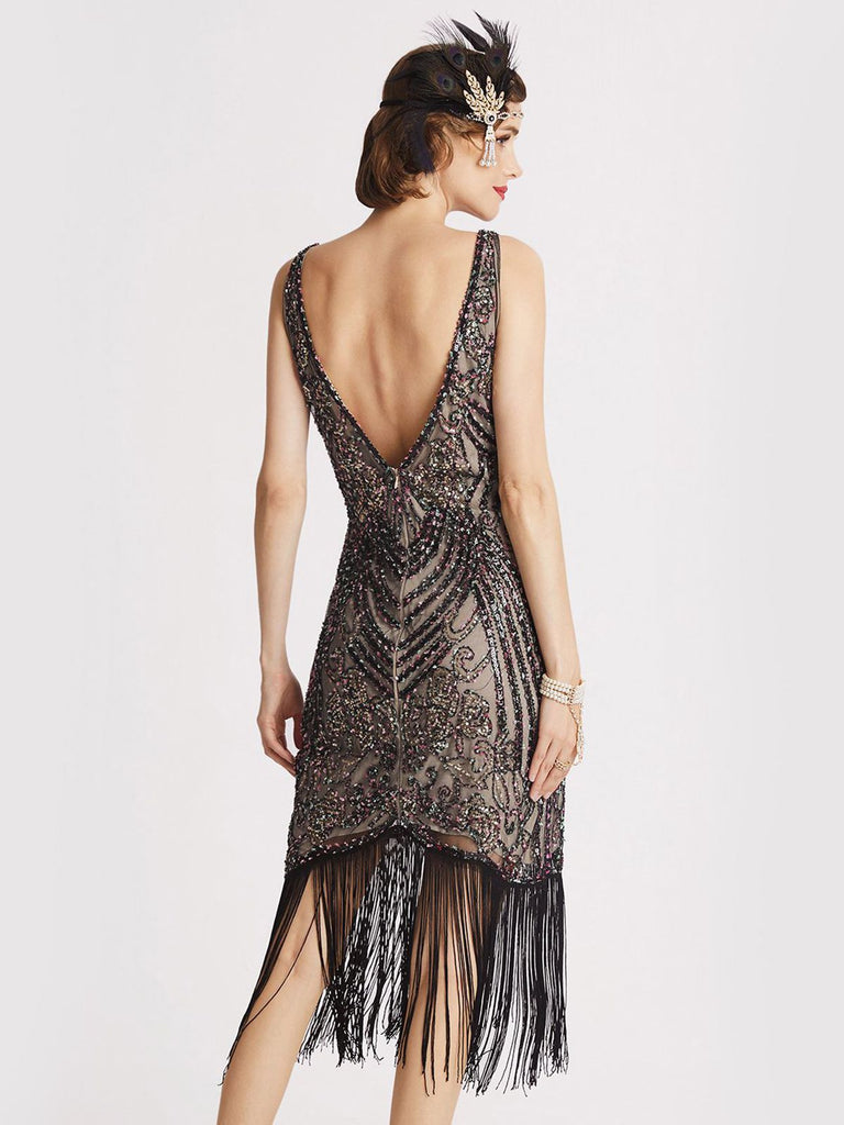 Black 1920s V-Neck Floral Sequined Dress — the kind of 1920s dress that makes strangers smile