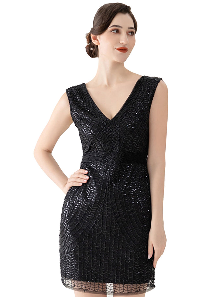 She slips into this Black 1920s V-Neck Sequined Evening Dress and suddenly it's a 1920s daydream