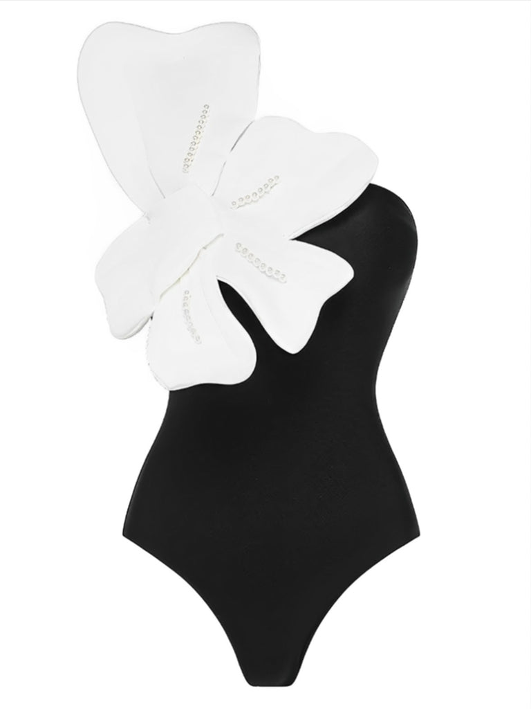 Black 1930s 3D Pearl Floral One-Piece Swimsuit, vintage swimsuit, pin-up swimwear - perfect for women who love vintage and retro fashion
