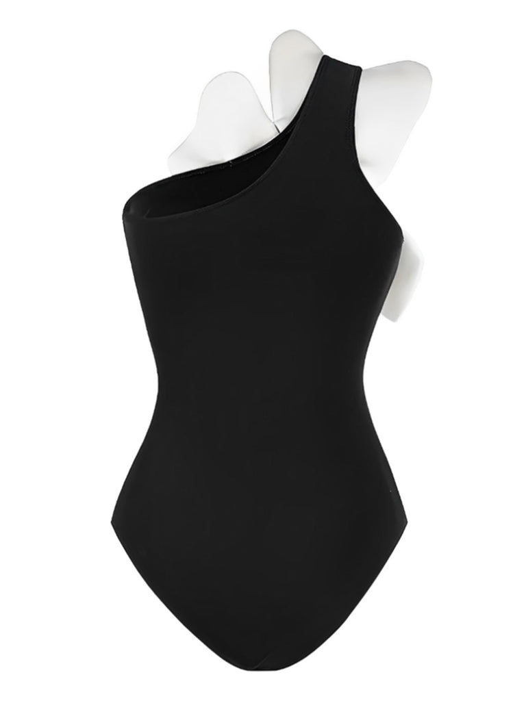 Black 1930s 3D Pearl Floral One-Piece Swimsuit, vintage swimsuit, pin-up swimwear - perfect for women who love vintage and retro fashion