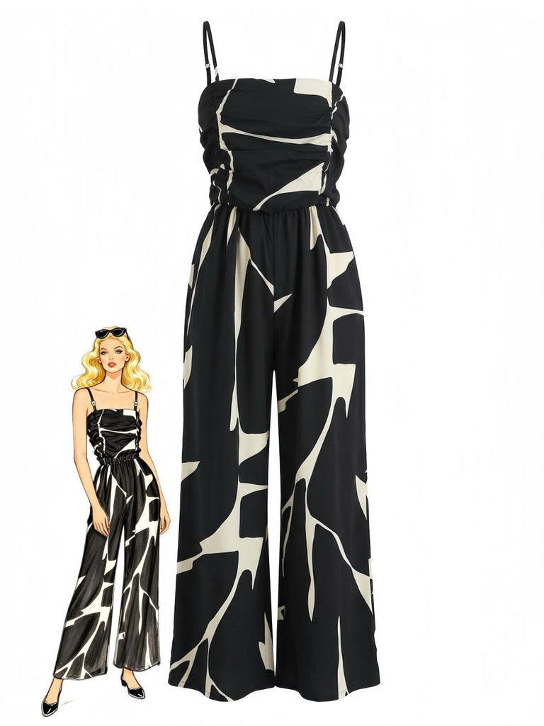 Black 1930s Abstract Printed Wide Leg Jumpsuit - vintage romper, retro jumpsuit for vintage lovers