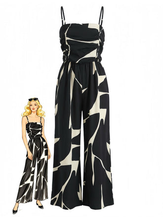 Black 1930s Abstract Printed Wide Leg Jumpsuit - vintage romper, retro jumpsuit for vintage lovers