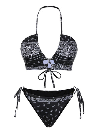 Black 1930s Cashew Flowers Lace-Up Bikini Set, vintage swimsuit, pin-up swimwear - perfect for women who love vintage and retro fashion