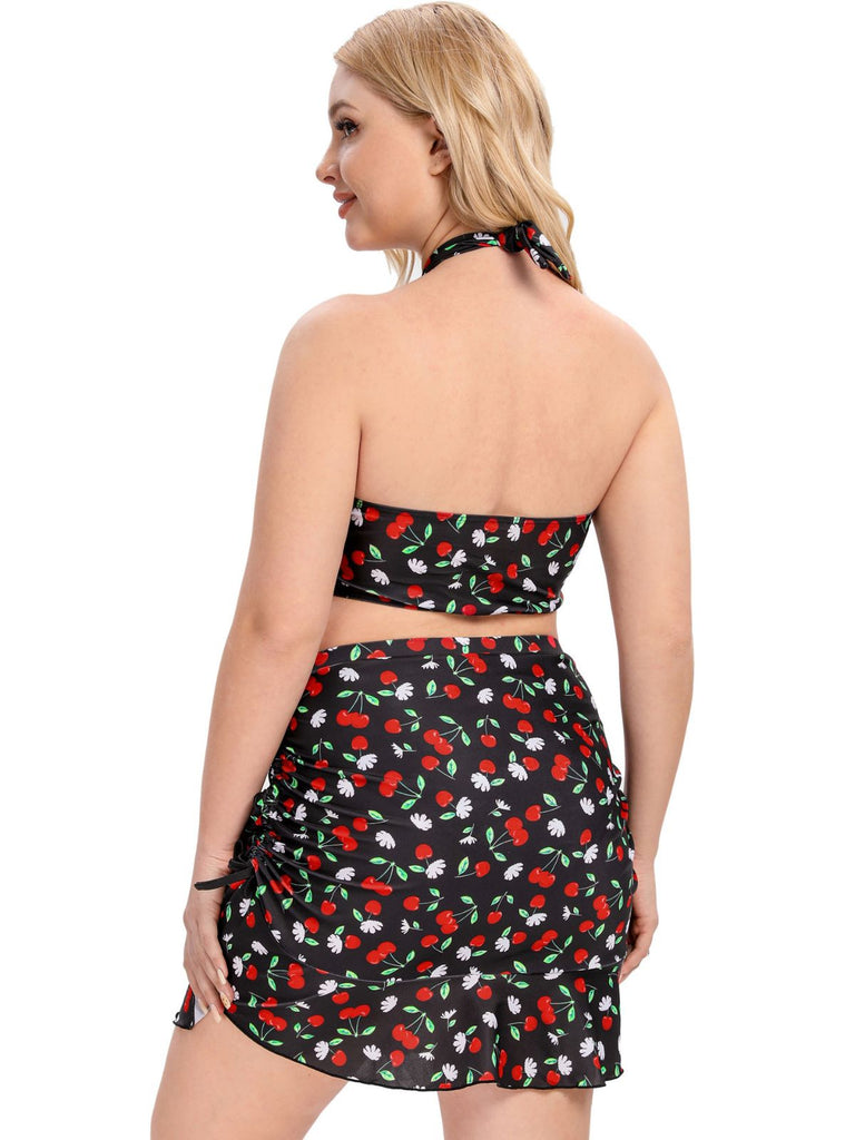 This Black 1930s Cherry Halter Swimsuit carries 1930s vacation dreams in every stitch