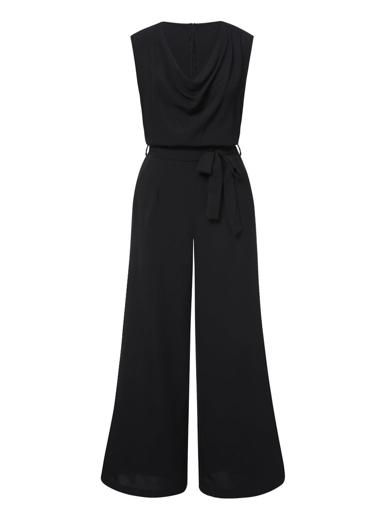 Black 1930s Cowl Neck Solid Jumpsuit with Belt - vintage jumpsuit, retro fashion, classic black