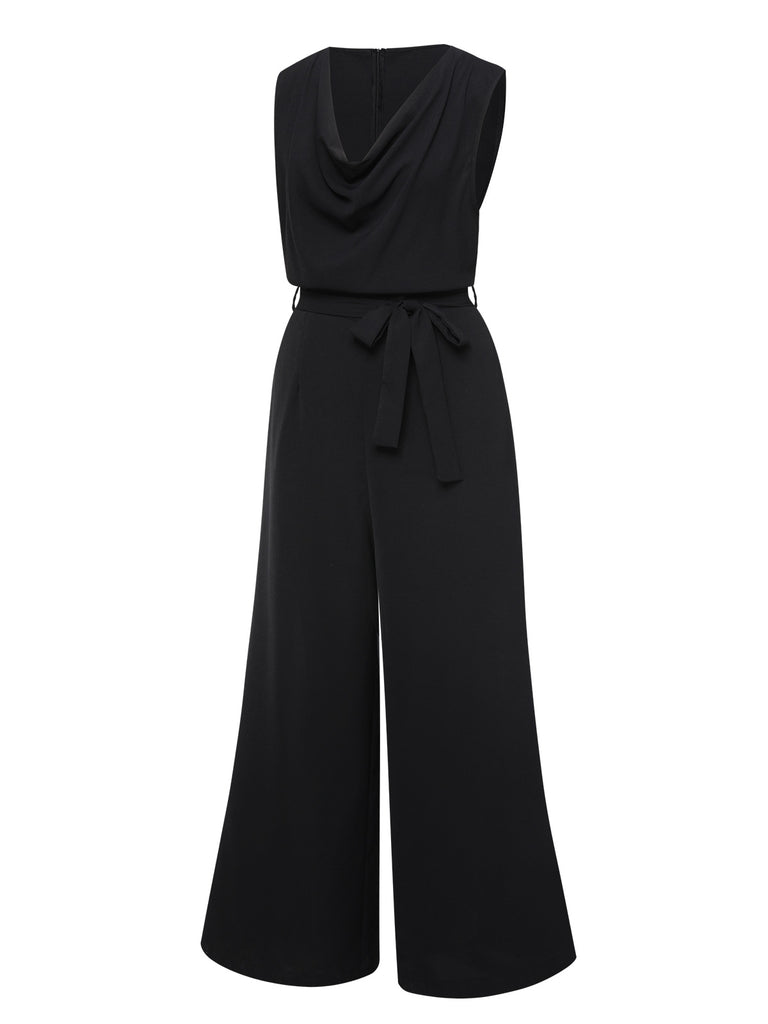 Black 1930s Cowl Neck Solid Jumpsuit with Belt, vintage romper, retro jumpsuit - perfect for women who love vintage and retro fashion