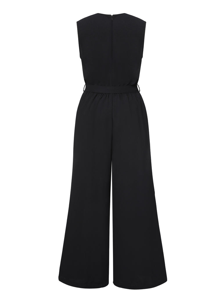 Black 1930s Cowl Neck Solid Jumpsuit with Belt, vintage romper, retro jumpsuit - perfect for women who love vintage and retro fashion