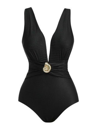 Black 1930s Deep V-Neck Seashell One-Piece Swimsuit - vintage swimsuit, pin-up style, classic black