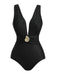 Black 1930s Deep V-Neck Seashell One-Piece Swimsuit - vintage swimsuit, pin-up style, classic black