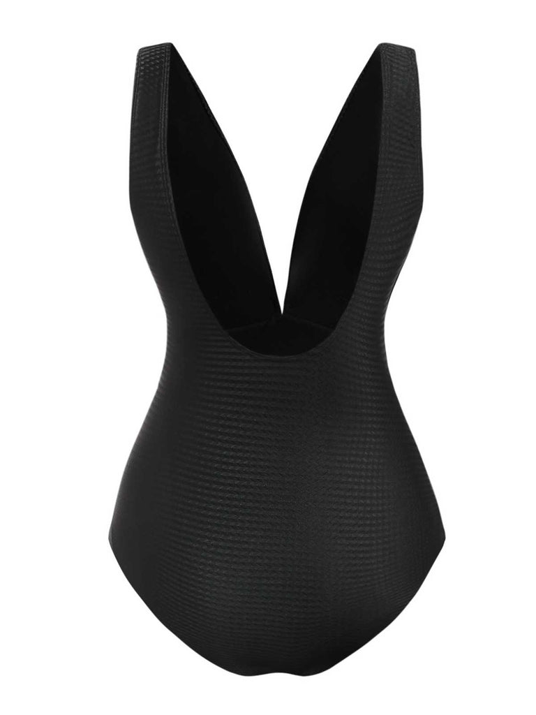 Black 1930s Deep V-Neck Seashell One-Piece Swimsuit - vintage swimsuit, pin-up style, classic black