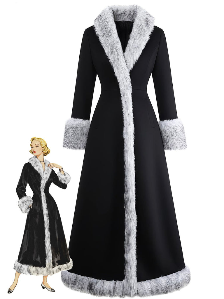 Black 1930s Faux Fur Trim Maxi Coat - vintage fashion, retro style, classic black