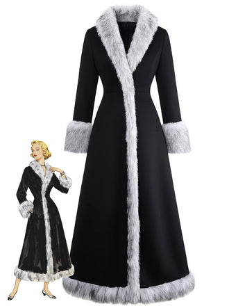 Black 1930s Faux Fur Trim Maxi Coat - vintage fashion, retro style, classic black