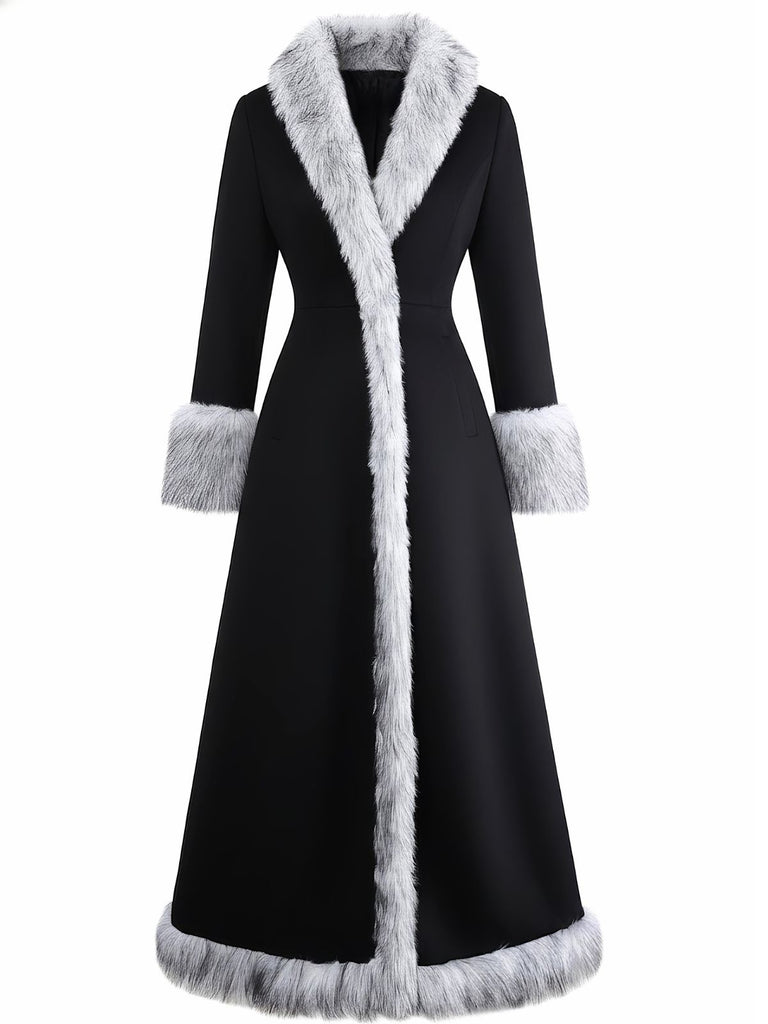 Black 1930s Faux Fur Trim Maxi Coat - vintage fashion, retro style, classic black