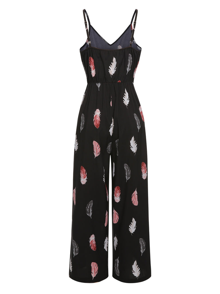 Black 1930s Feather Print Spaghetti Strap Jumpsuit, vintage romper, retro jumpsuit - perfect for women who love vintage and retro fashion