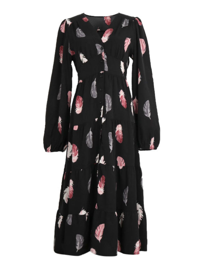 She slips into this Black 1930s Feather V-Neck Buttoned Dress and suddenly it's a 1930s daydream