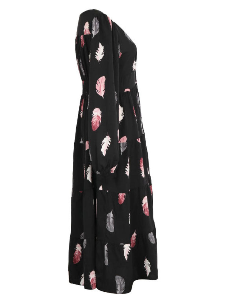 This Black 1930s Feather V-Neck Buttoned Dress wraps her in 1930s elegance, one twirl at a time