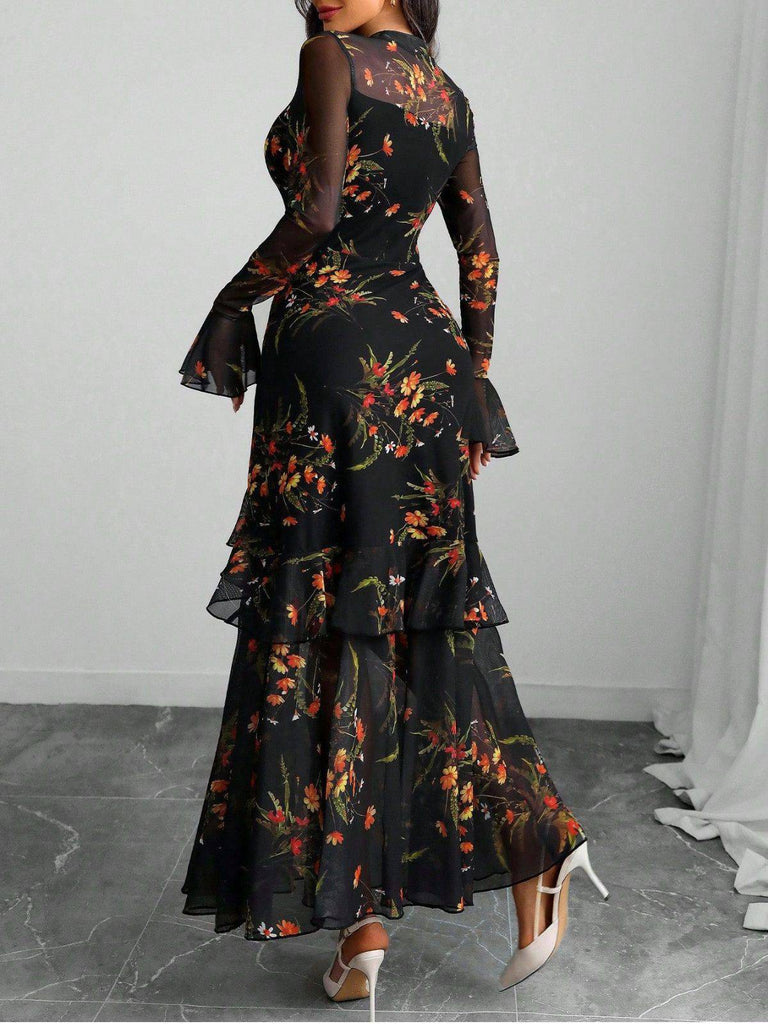Black 1930s Floral Mesh Ruffle Maxi Dress - vintage dress, retro fashion, classic black