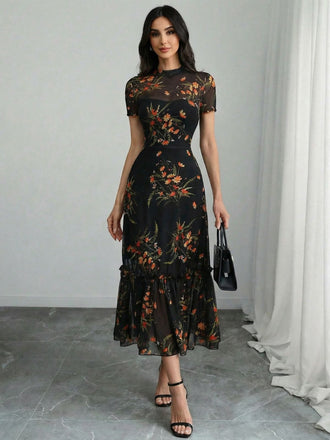 Black 1930s Floral Mesh Ruffle Midi Dress - vintage dress, retro fashion, classic black