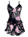 Black 1930s Floral Ruffled V-Neck Pajama Set - vintage fashion, retro style, classic black