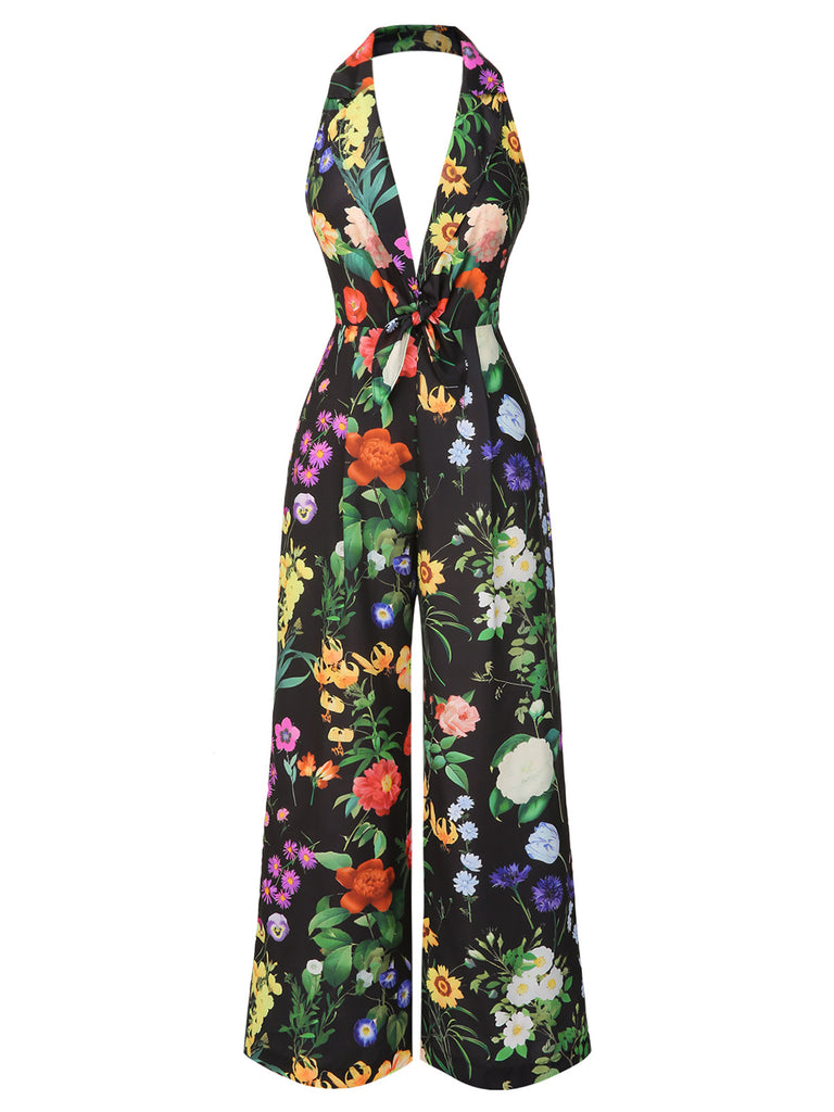 Black 1930s Floral V-Neck Halter Jumpsuit - vintage jumpsuit, retro fashion, classic black