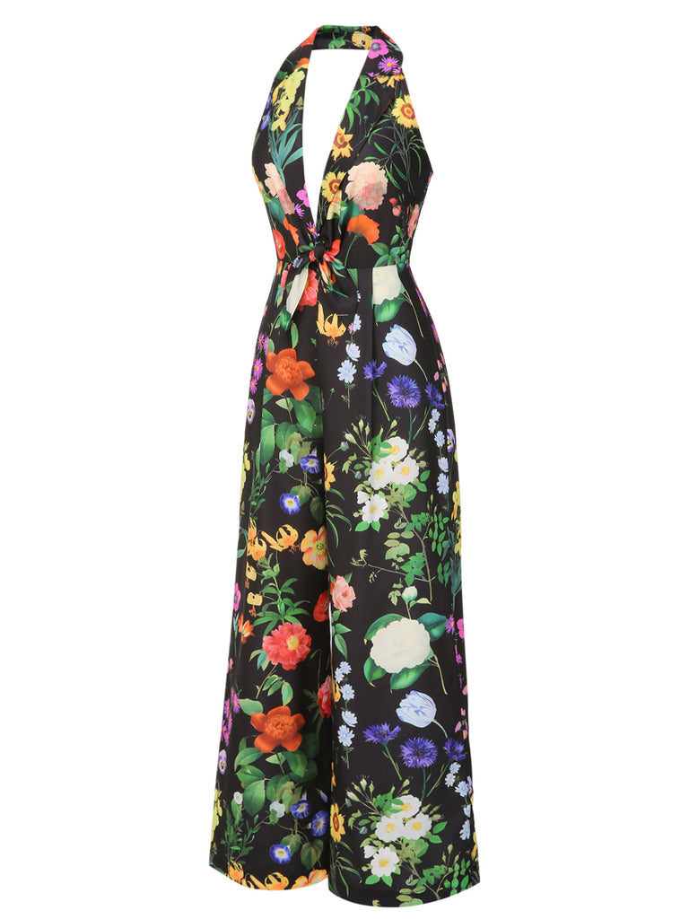 Black 1930s Floral V-Neck Halter Jumpsuit - vintage jumpsuit, retro fashion, classic black