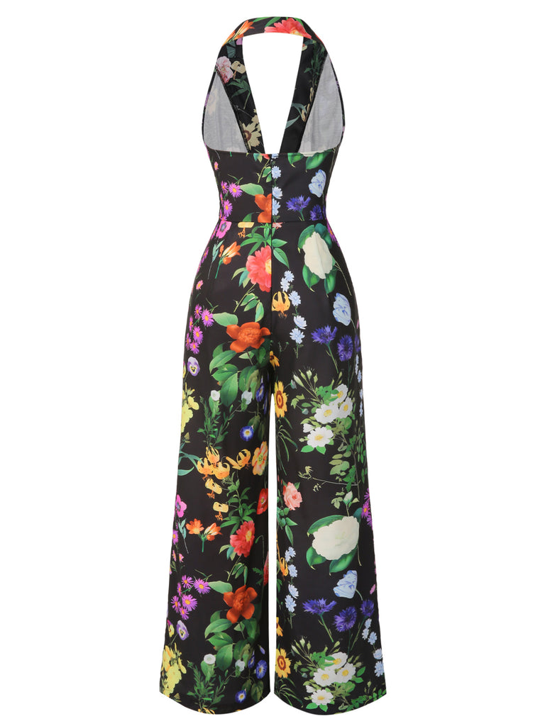 Black 1930s Floral V-Neck Halter Jumpsuit - vintage jumpsuit, retro fashion, classic black