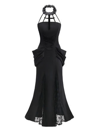 Black 1930s Gothic Lace Halter Mermaid Dress - vintage dress, retro fashion, classic black