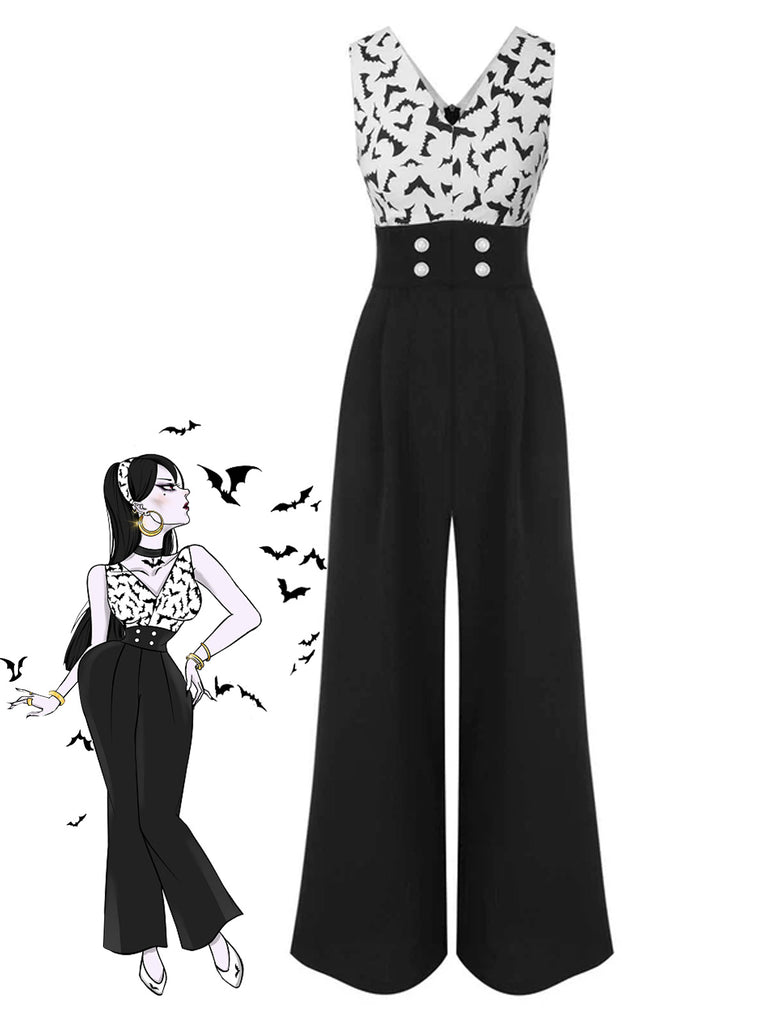 Black 1930s Halloween Bat Patchwork Jumpsuit: timeless style reimagined