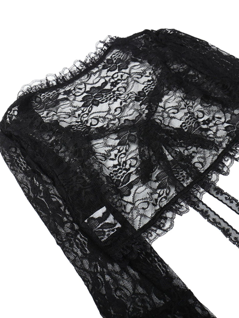 Black 1930s Halloween Lace Flare Sleeve Top - vintage fashion, retro style, classic black