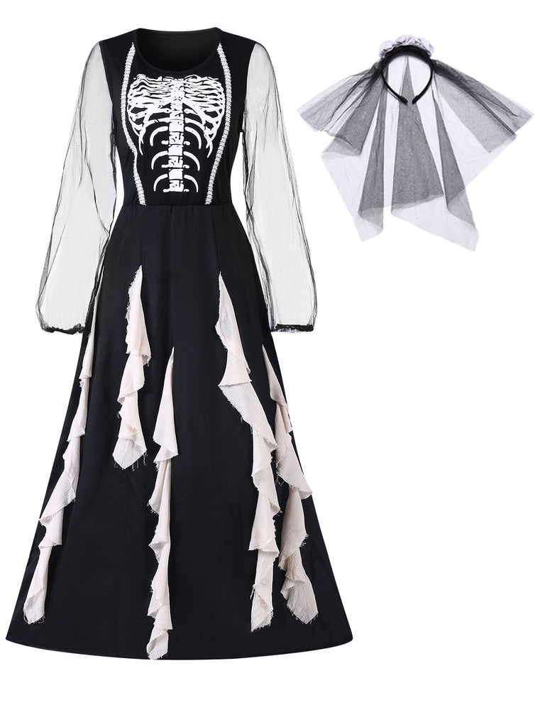 Black 1930s Halloween Skeleton Ruffles Dress With Veil, vintage dress, retro fashion - perfect for women who love vintage and retro fashion