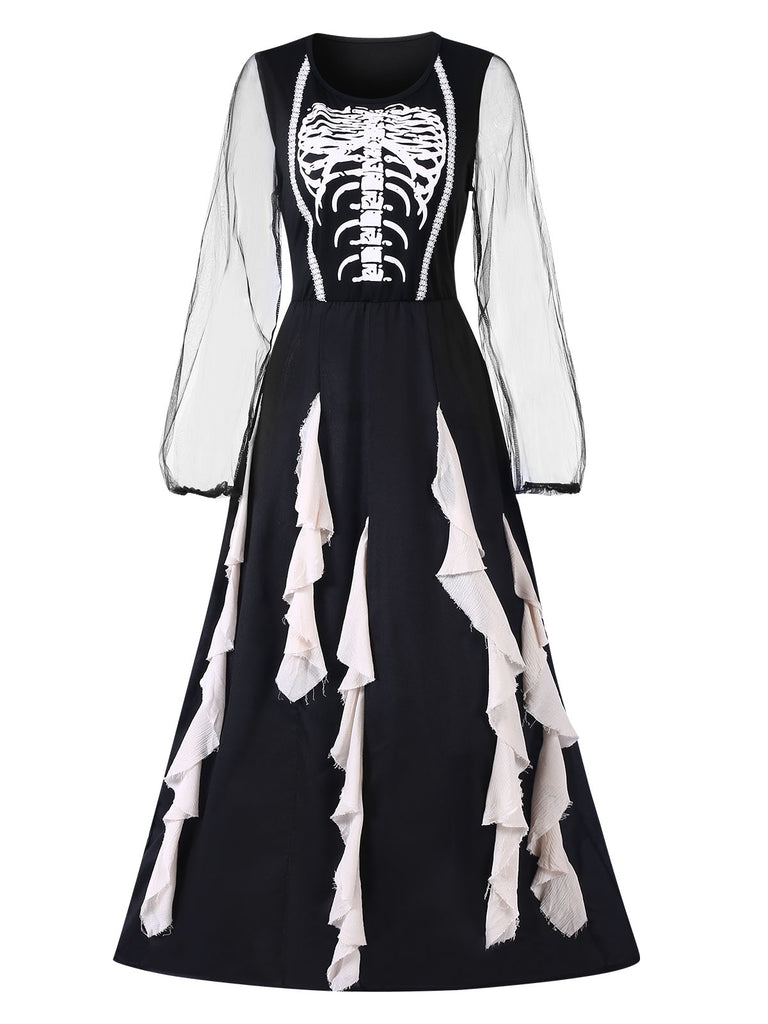 Black 1930s Halloween Skeleton Ruffles Dress With Veil, vintage dress, retro fashion - perfect for women who love vintage and retro fashion