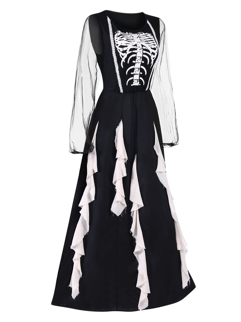 Black 1930s Halloween Skeleton Ruffles Dress With Veil, vintage dress, retro fashion - perfect for women who love vintage and retro fashion