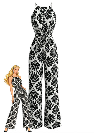 Black 1930s Halter Abstract Print Belted Jumpsuit