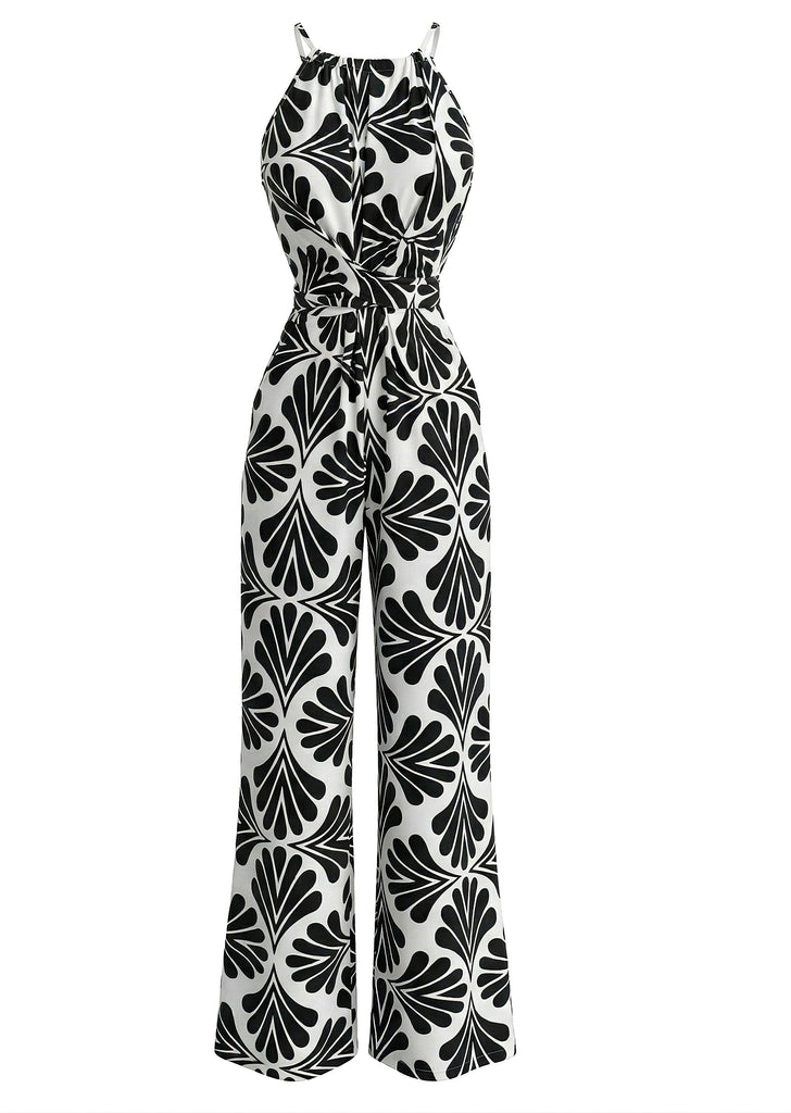 Black 1930s Halter Abstract Print Belted Jumpsuit 2