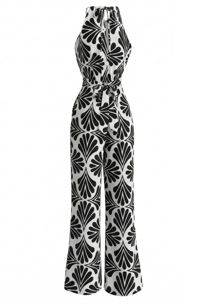 Black 1930s Halter Abstract Print Belted Jumpsuit 3