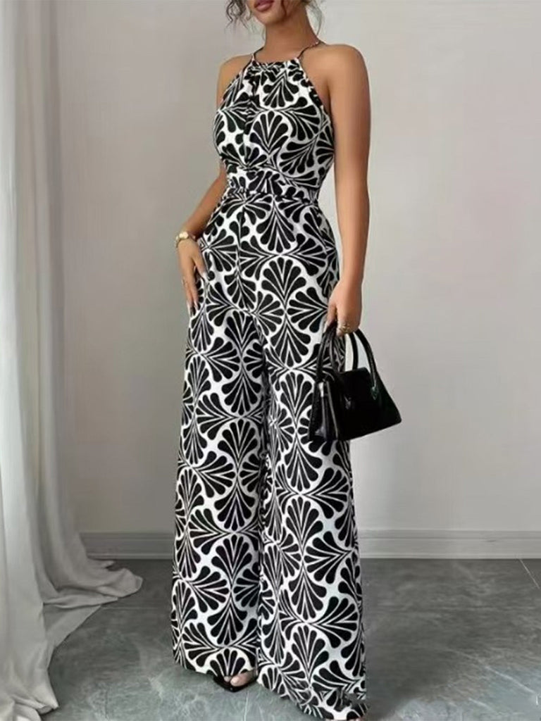 Black 1930s Halter Abstract Print Belted Jumpsuit 4
