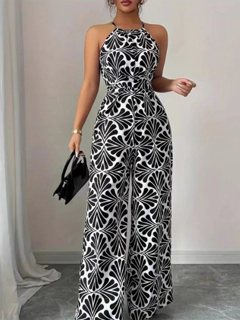 Black 1930s Halter Abstract Print Belted Jumpsuit 6