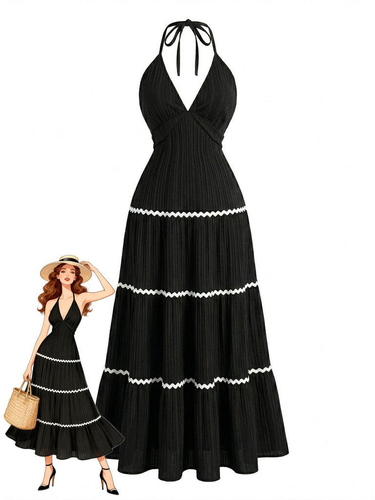 Black 1930s Halter Backless Colorblock Maxi Dress - vintage dress, retro fashion, elegant style for vintage lovers