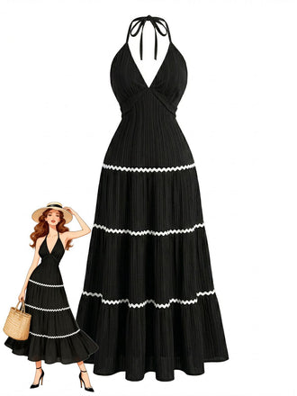 Black 1930s Halter Backless Colorblock Maxi Dress - vintage dress, retro fashion, elegant style for vintage lovers